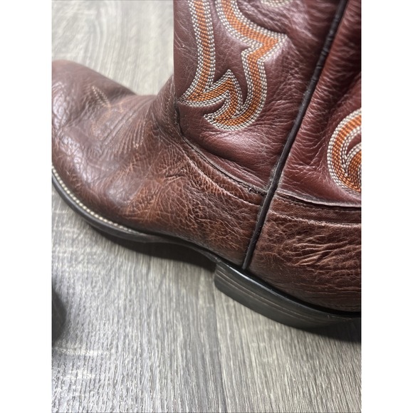 VTG Cowtown Calf Leather Brown Cowboy Boots Size 10.5 Textured Orange Stitching - Picture 13 of 16